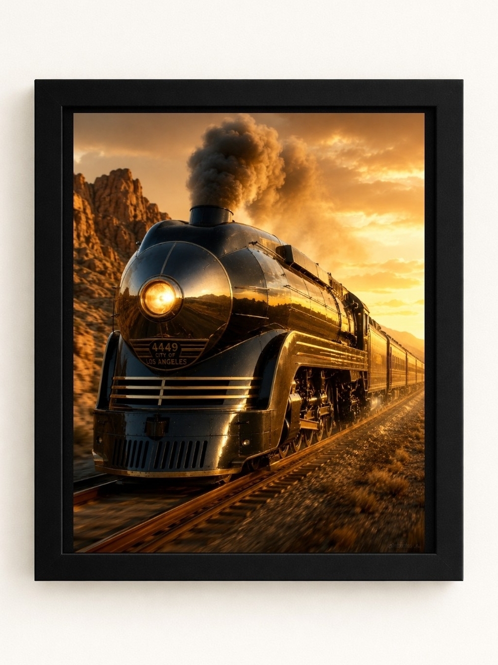 Vintage Black Steam Locomotive A.I. Art Print - 8x10 Frame